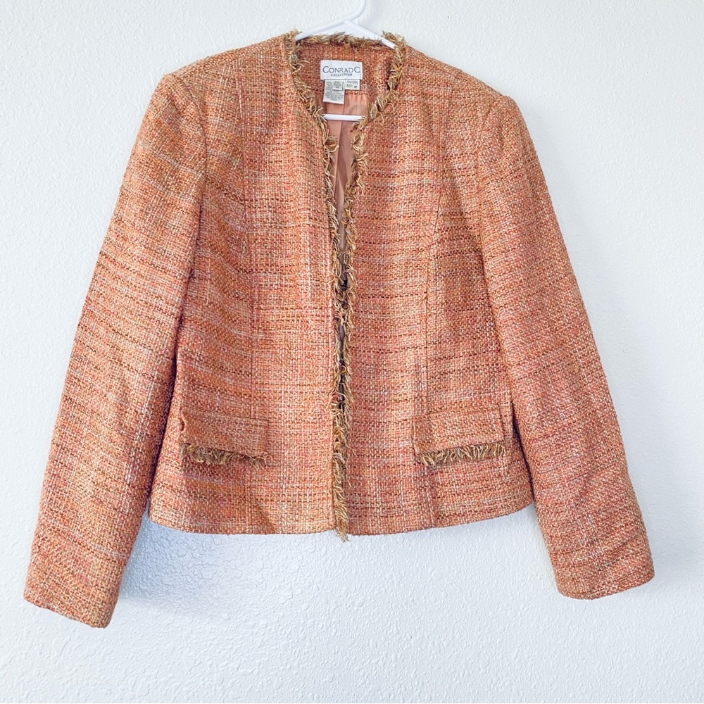 ConradC Collection Vintage Tweed Woven Frayed Silk Blend Blazer Lady Jacket 10
